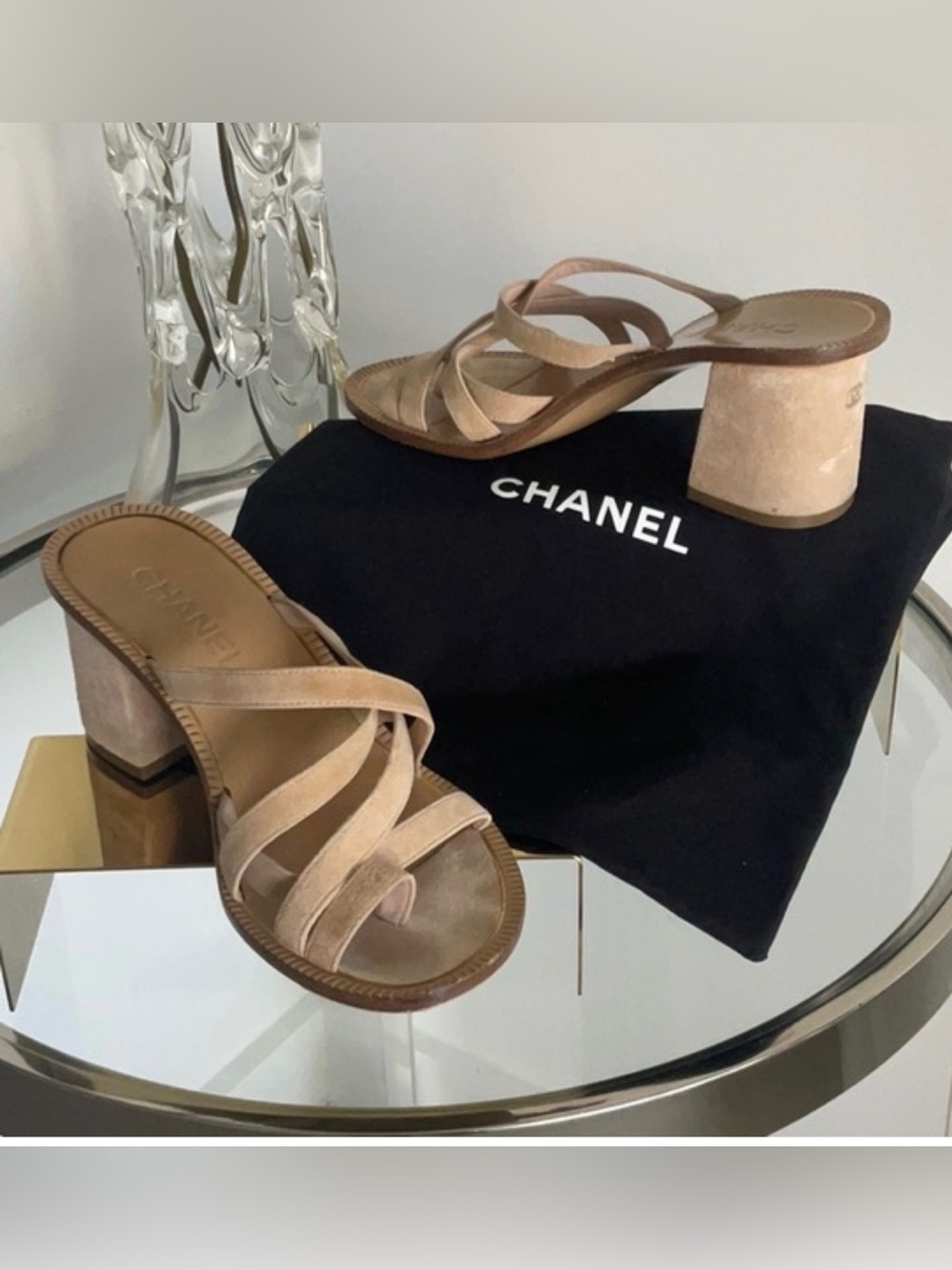 CHANEL Nude Strappy Slide Sandals